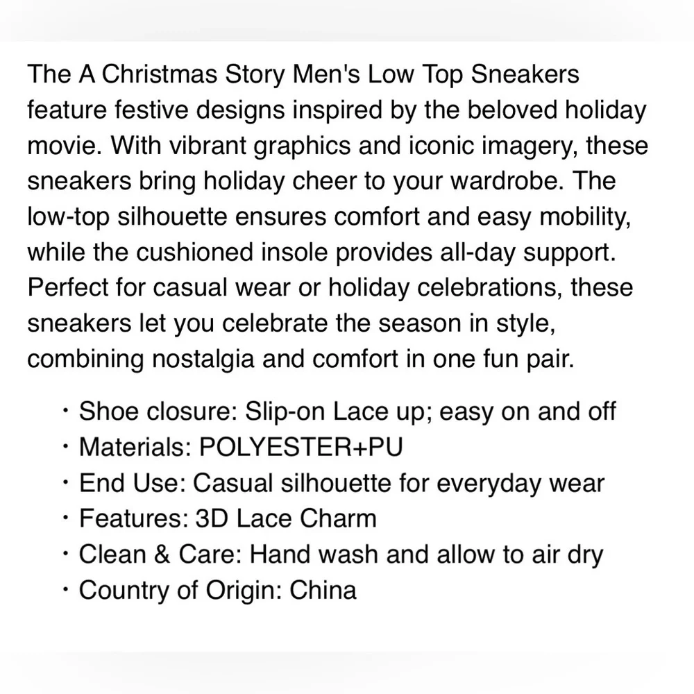 🎄A Christmas Story Ralphie Sneakers Men’s Size 11 Low Top Holiday Shoes NWT